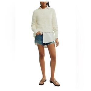 Free People Bell Song Knit Pointelle Sweater Long Sleeve  Bone White Size M NWT